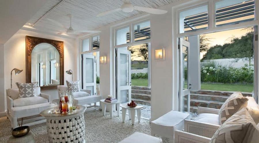 View on to the garden from the inside of a lodge